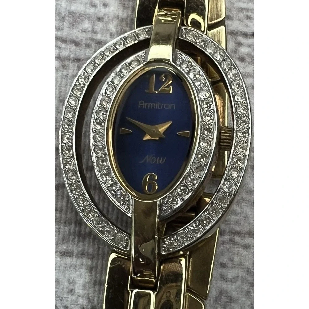 Armitron Now Gold‎ Tone Watch Blue Dial Rhinestone Bezel Parts Repair